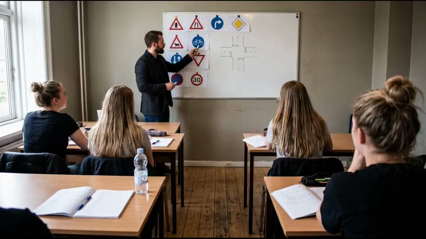 Kørsel gennem Københavns gader set fra førersædet, med skiltene for forløbets trin